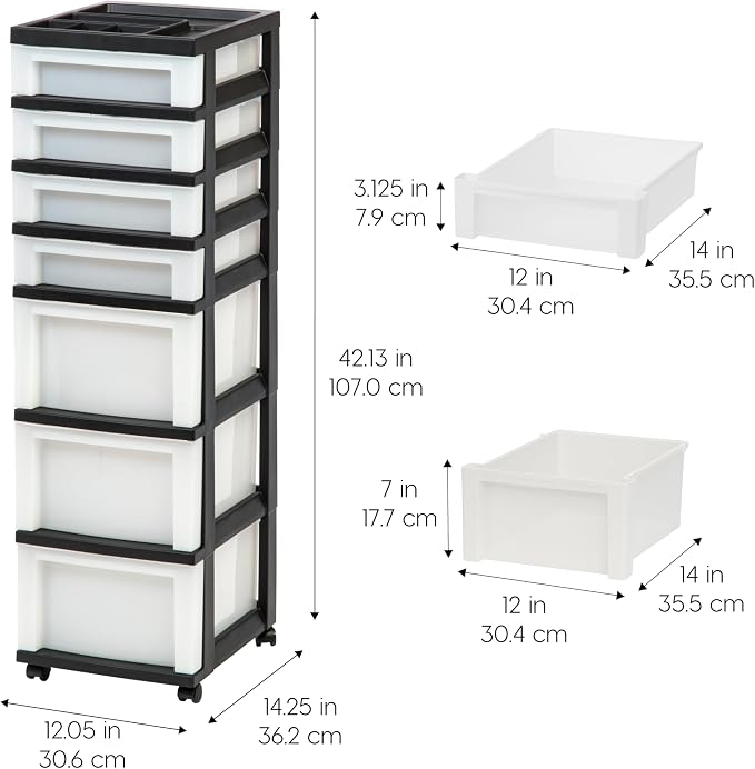 IRIS USA 7-Drawer Rolling Storage Cart, Black/Pearl | Keep craft supplies, office essentials, classroom items, and accessories organized with easy-access drawers for daily use
