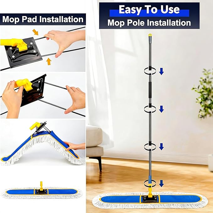 36" Commercial Industrial Dust Mop for Floor Cleaning with Replacement Mop Pads, Heavy Duty Wet Dry Large Mops for Cleaning Floor Office Garage Hardwood Warehouse Factory Mall (Blue, 36 inch mop)