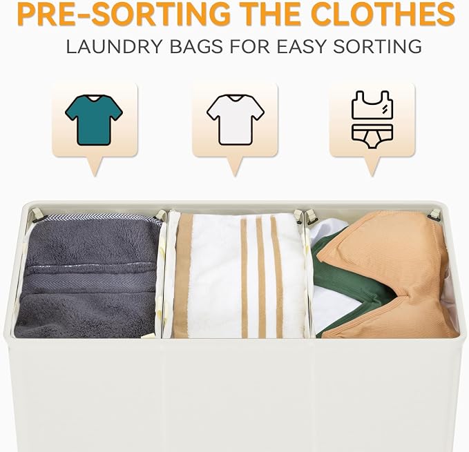 WOWLIVE 180L Laundry Hamper 3 Section, Large Laundry Basket with Lid | Dirty Clothes Hampers with Removable Bags and Handles, Collapsible Laundry Basket Organizer for Dorm Room, College, Beige