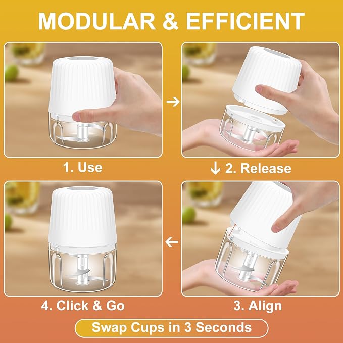 100+250+400ML Electric Garlic Chopper, 6 Blades Garlic Mincer, Mini USB Portable Vegetable Chopper, Onion Grinder, Small Food Processor for Ginger, Chili, Fruit, Meat