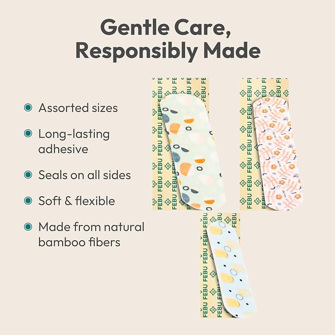 FEBU Shape Scapes Print Bamboo Fabric Bandages, 50 Count Strips | PFAS Free, Flexible Fabric, Natural Hypoallergenic for Scraps, Cuts and First Aid, Compostable, Latex Free