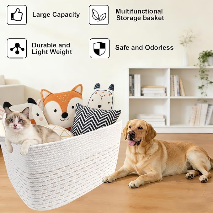 65L Large Laundry Basket with Handles,Woven Blanket Basket,Yellow | 21"×16"×12" Collapsible Cotton Rope Storage Basket for Toys Clothes & Pillows, Nursery, Bathroom, Bedroom, Living Room