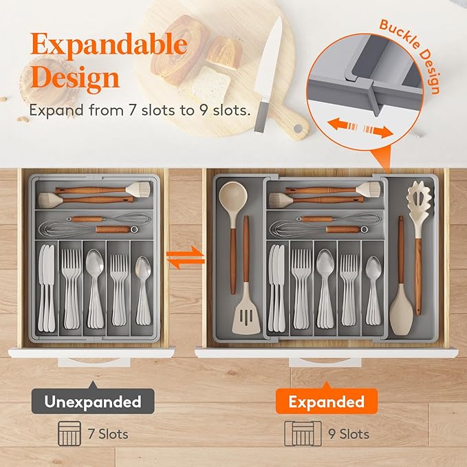 Lifewit Silverware Drawer Organizer, Expandable BPA Free Plastic Utensil Tray for Kitchen, Adjustable Flatware Cutlery Holder for Spoons Forks Knives, 13-22.3 x 16.7", Gray