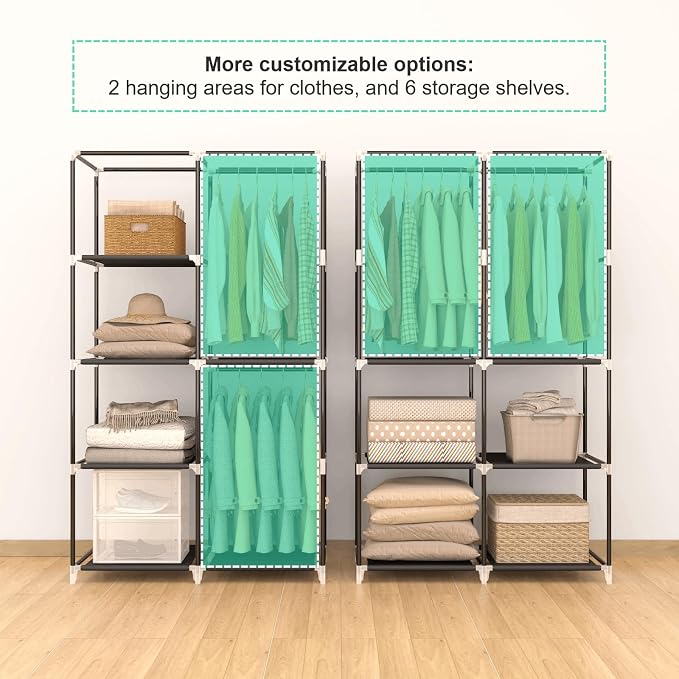 MOGELAFOO 35 Inch Portable Closet for Small Room, Clothing Organizer Storage Rack with Non-Woven Fabric Cover, 1 Clothes Hanging Rod, 6 Storage Shelves, Black