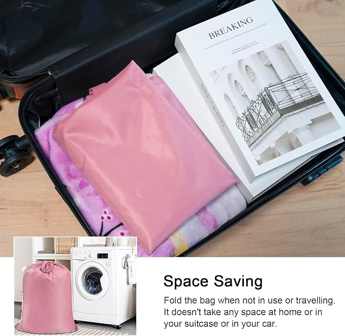 Extra Heavy-Duty Laundry Bag with Handles, Pink, 28x36" | Extra Large, Name ID Tag, Machine Washable, Reinforced Handles, Drawstring Closure, For College Dorm Travel