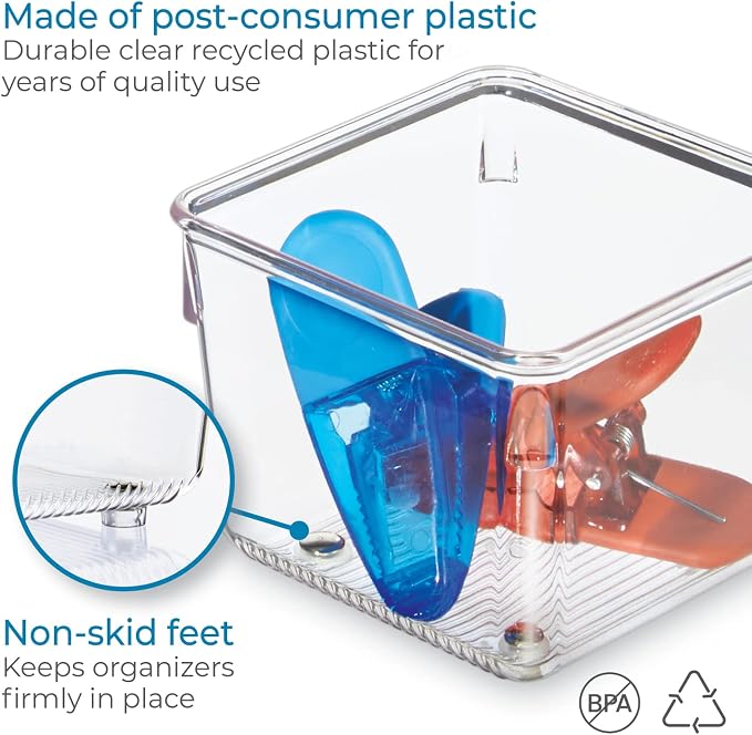 iDesign Linus Plastic Kitchen Drawer Organizer for Silverware, Spatulas, Cutlery, Gadgets, Office Supplies, Cosmetics, 4" x 4" x 3", Set of 2, Clear | Storage for Kitchen, Storage for Bathroom, Storage for Desk Drawers