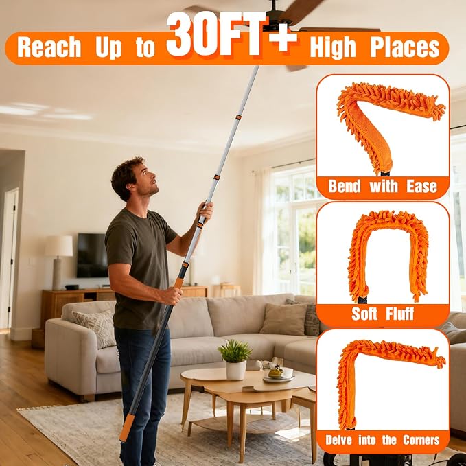 SISIUPASSIE 36FT Reach Ceiling Fan Cleaner Duster, Ceiling Fan Blade Cleaner with Extension Pole, Washable & Replaceable Microfiber Feather Duster Kits