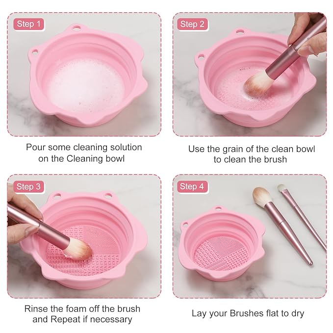 Foldable Silicone Makeup Brush Cleaner Bowl | Portable Cleaning Tool For Brushes, Powder Puffs, Sponges (Light Pink)