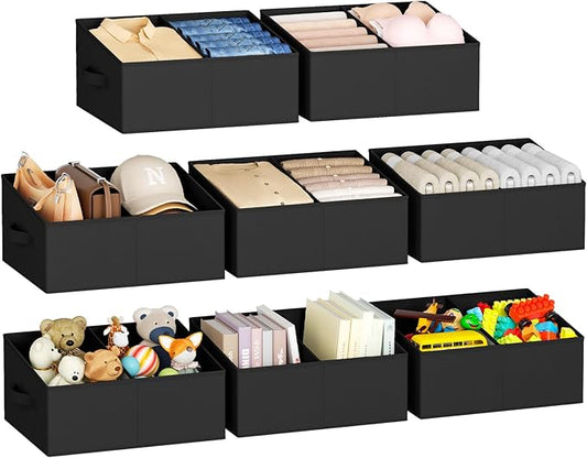 DIMJ Large Closet Shelf Organizer Bins 8 Packs with Handles and Divider, Fabric Trapezoid Storage Baskets, Foldable Clothes Containers Box for Shelf, Towel, Book, Toy, Purse, Hats, Black