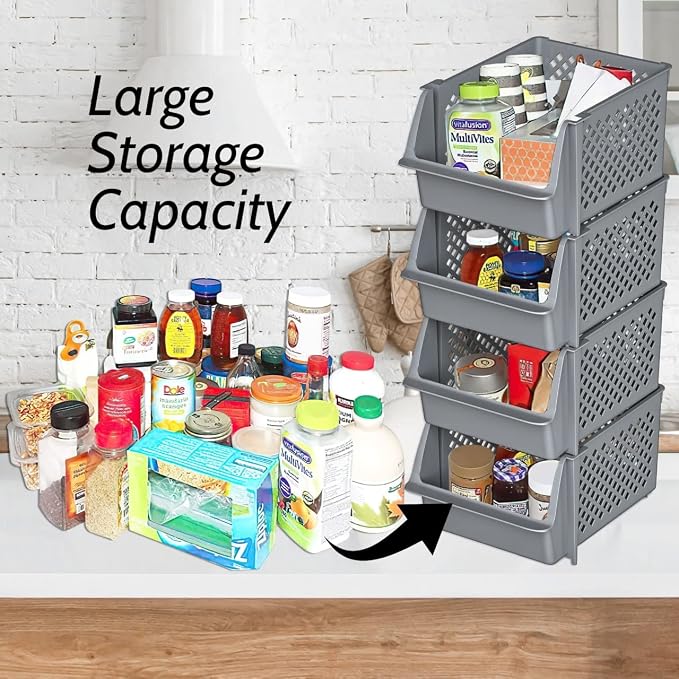 Skywin Stackable Storage Bins Open Front for Pantry Storage, 4 Pack - Grey | Sturdy Plastic, Easy Stacking, Open Front Access, Ventilated Sides, Vertical & Space Saving Pantry Organizers and Storage Bin