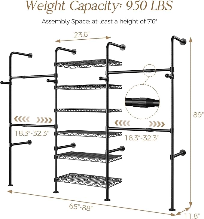 Closet Organizers and Storage, 3-Row Heavy Duty Garment Rack Clothes Rack for Hanging Clothes, Wall Mounted Closet System with 4 Telescopic Rods, 4 Hooks, 6 Shelves for Wardrobe, Bedroom, Small Space