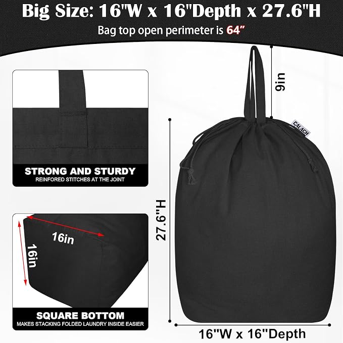 Canvas Laundry Bags with Handles & Square Base 16"Wx16"D x27.6"H, Black | Extra Large Heavy Duty Laundry Basket Hamper Liner Replacement, Washable Drawstring Dirty Clothes Bag, Canvas Storage Sack