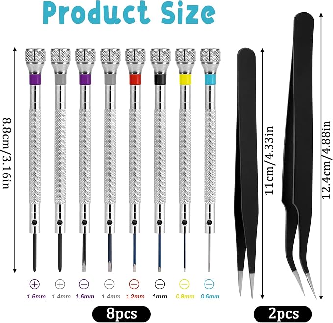 8PCS Watch Screwdriver Set Professional, Micro Precision Glasses Repair Kit, Watch Back Remover Tool, Mini Screwdrivers for Watches Band 0.6-1.6mm Watches Repair Screwdriver Set with 2 Tweezers