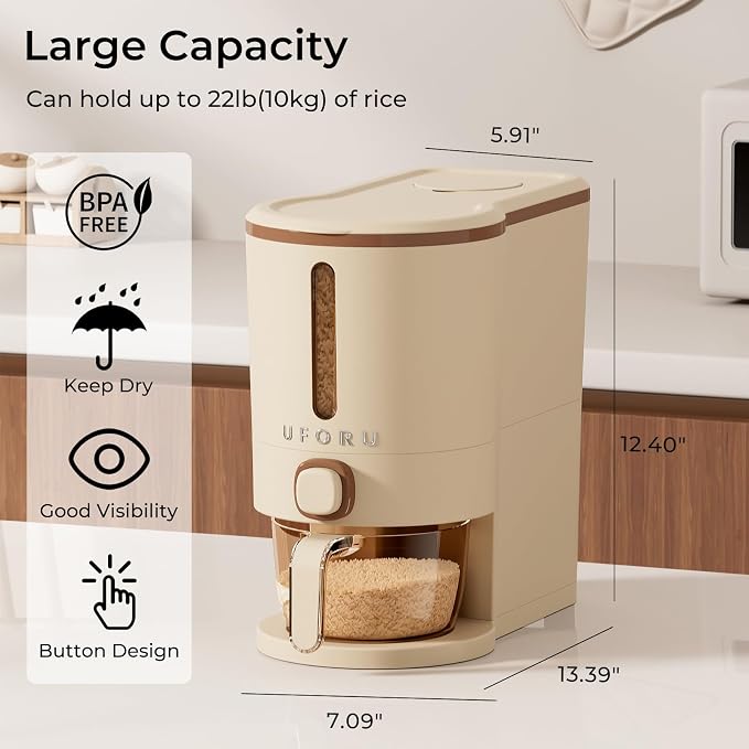 UFORU Rice Dispenser, Rice Storage Container with Measuring Cup for Kitchen Pantry Household, Cereal Dry Food Storage Containers Airtight, Sealed Moisture Proof (Brown 13 Lbs)