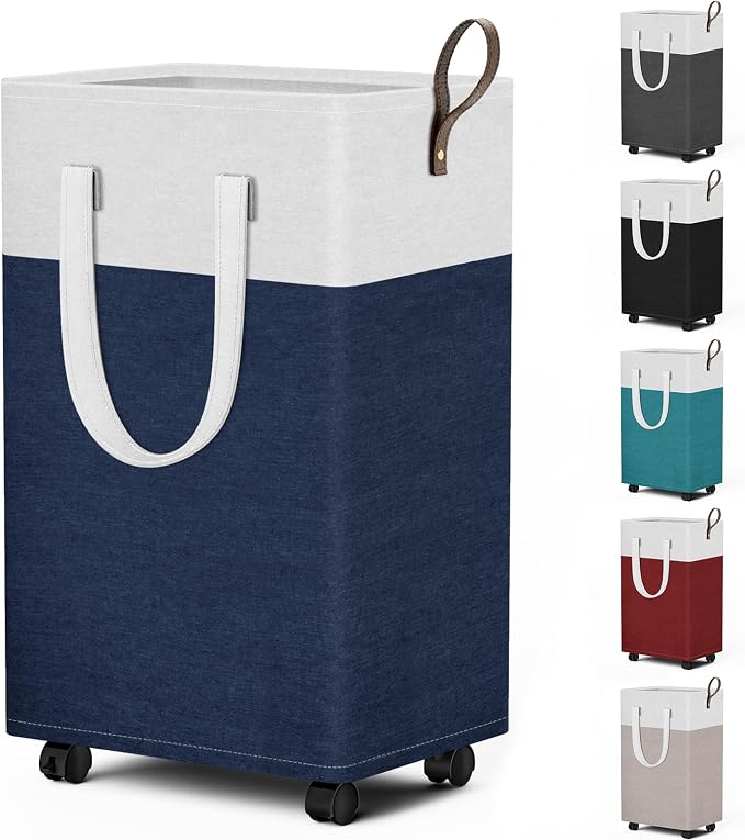 HomeHacks 75L Rolling Laundry Basket with 4 Wheels Collapsible Blue | 4 Wheels, Waterproof PEVA Lining, Cotton Flax Fabric, Metal Frame, Bathroom Laundry Room Dorm Storage, Space-Saving Design