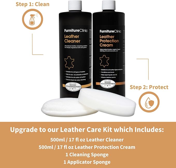 Furniture Clinic Leather Cleaner | Non-Toxic | Removes Dirt & Grime | All-Purpose Cleaning Solution for Couches, Car Seats, Purses, Shoes & Saddles | Restores All Leather Types | 17oz / 500ml