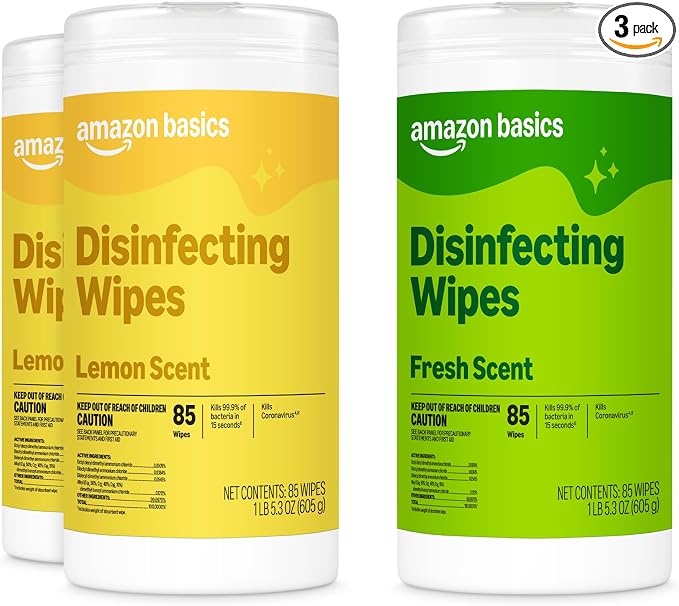Amazon Basics Disinfecting Wipes, Lemon & Fresh Scent, Sanitizes, Cleans, Disinfects & Deodorizes, 255 Count (3 Packs of 85), Packaging May Vary