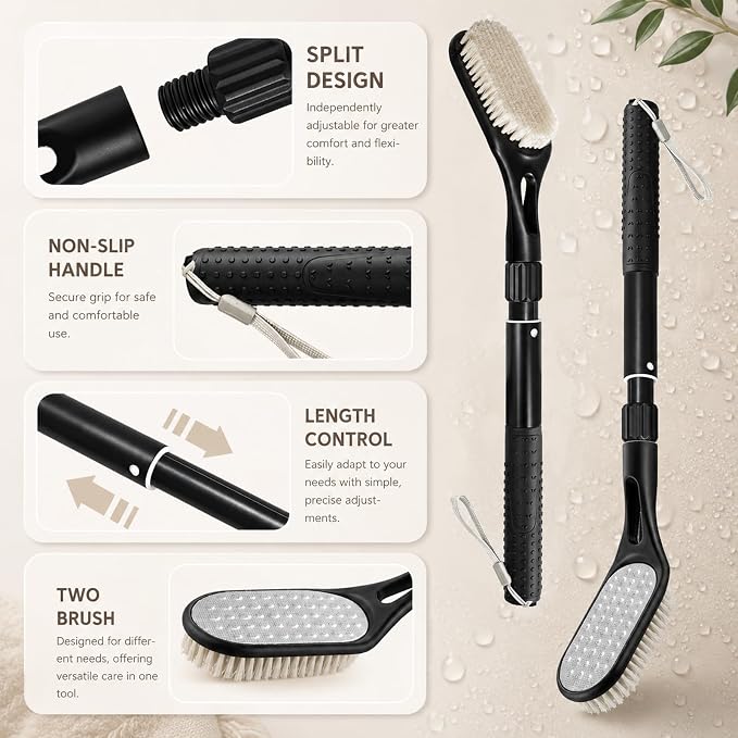 Long Handle Foot Scrubber for Shower, Extendable Foot Brush with Foot File 2 in 1 Dual Sided, Back Saving Foot Cleaner Brush for Cleaning Between Toes & Removing Calluses, Foot Care Tool for Seniors