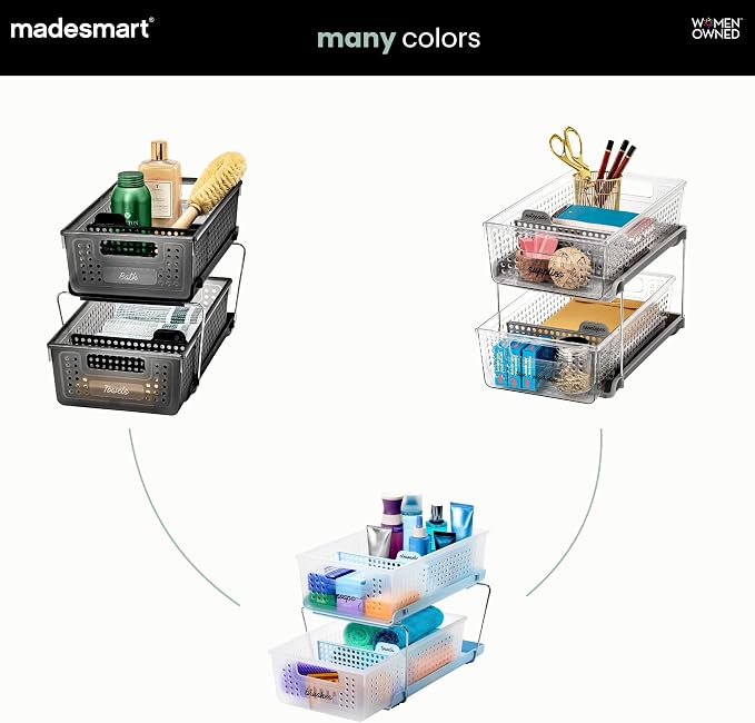 madesmart 2 Tier Organizer, Under Cabinet Storage with Pull Out Sliding Drawers, for Cleaning Supplies, Pantry, Undersink, Sponges, Bottles & Bath, Adjustable Dividers & Pull Out Baskets, Frost