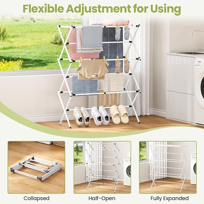 Oversized Clothes Drying Rack, 45.28" H × 14.57" D | Foldable & Extendable, Adjustable Size (24.76"-35.51"L), Space-Saving, Rust-Resistant Frame, Indoor/Outdoor Use, White