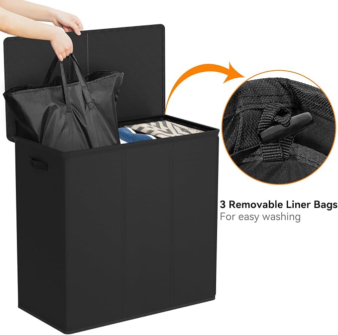 WOWLIVE 180L Laundry Hamper 3 Section, Large Laundry Basket with Lid | Dirty Clothes Hampers with Removable Bags and Handles, Collapsible Laundry Basket Organizer for Dorm Room, College, Black