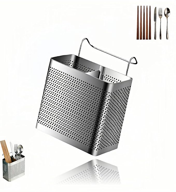 Stainless Steel Utensil Holder for Kitchen Counter, 2 Compartment Cutlery Organizer with Hooks, Dishwasher Safe Flatware Drying Caddy for Sink & Dish Rack (Brushed Finish)