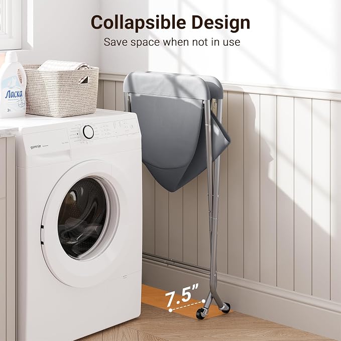 ELYKEN Laundry Basket with Wheels, Collapsible Laundry Hamper, Gray | Removable Liner Bag, Foldable Design, 118L Capacity, Sturdy Metal Frame, 4 Casters, Laundry Cart for Bedroom, Laundry Room