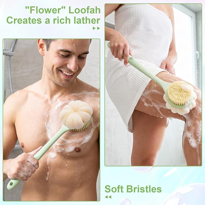 Back Scrubber for Shower with Long Handle, Double-Sided Shower Brush for Body, Loofah Back Scrubber & Bristle Bath Brush, Back Brush for Shower Exfoliating Hard-to-Reach Areas, Bath Brush Long Handle