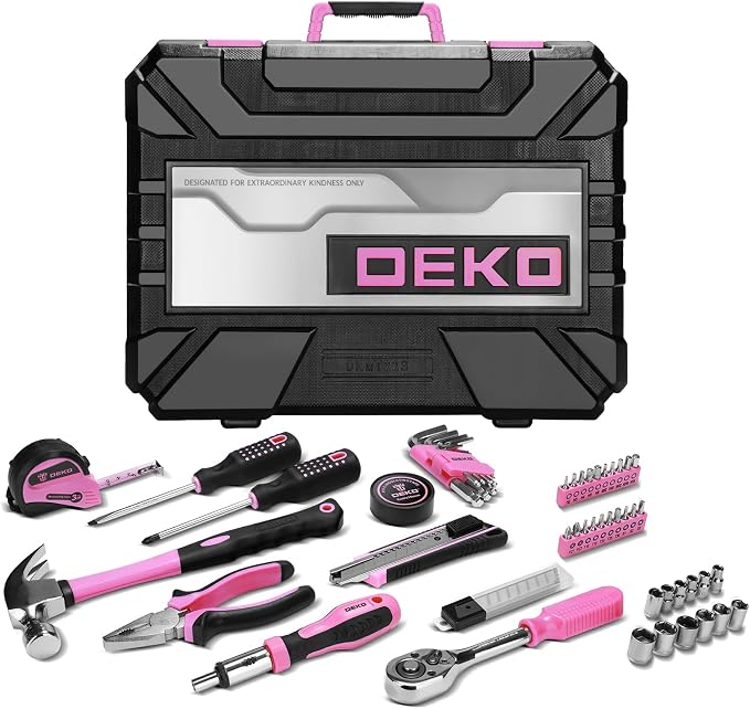 DEKOPRO Tool Set: 228 Piece Home Tool Kit, Household Basic Repair Tool Set Comes with Storage ToolBox, Socket Wrench Set for Car, Hand Tool Box Set for Home - Pink