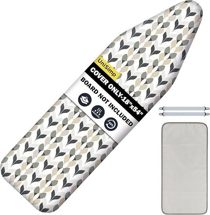 UniSimp Ironing Board Cover and Pad 18"x54" Extra Thick Natural Cotton, Scorch & Stain Resistant Iron Board Cover, Extra Large Iron Board Cover with Fasteners Heavy Duty Heatproof Elastic Edge Foliage