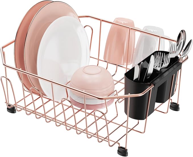 GSlife Small in Sink Dish Drying Rack - Stainless Steel Compact Dish Drainer for RV Kitchen Apartment Sink, Rust Resistant Inside Sink Rack, 1–2 Person Households, 11.6" W x 13.4" L, Rose Gold