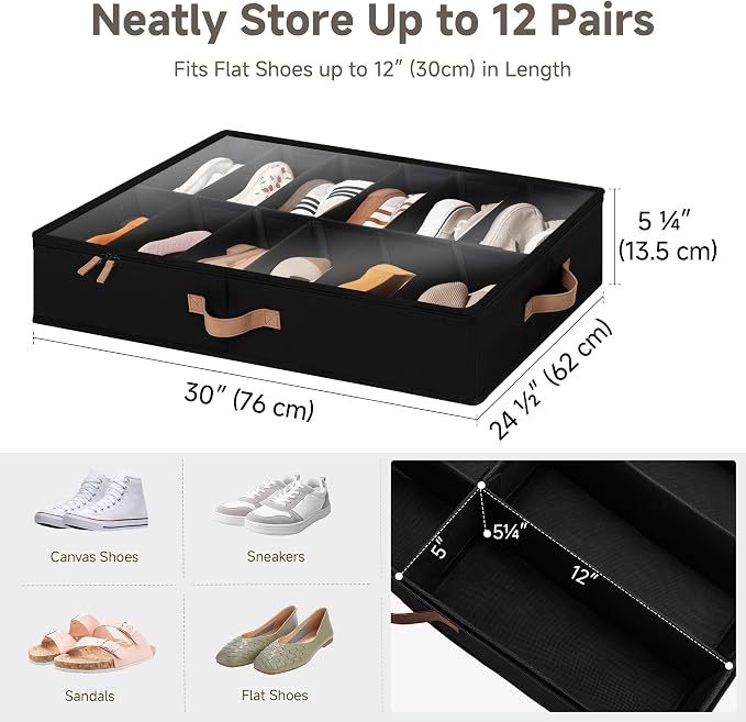 StorageWorks 2-Pack 24-Pair Underbed Shoe Organizer for Closet, Black | Adjustable Dividers, Up to 12 Pairs Each, 5.25" Height, Fits 6-inch+ Clearance, Clear Top, Soft Handles, For Bedroom