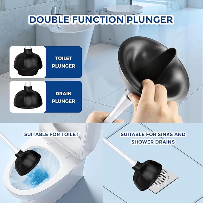 2 in 1 Toilet Brush and Plunger Set - Toilet Brush with Solid Handle, Stand and Holder for Deeply Cleaning in Bathrooms - Plastic Toilet Brush and Holder Set in White