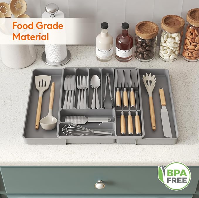 Lifewit Silverware Organizer for Kitchen Drawers, Expandable Utensil Tray with Removable Knife Block, Adjustable Cutlery and Flatware Holder, Plastic Spoon Forks Holder Storage Divider, Gray