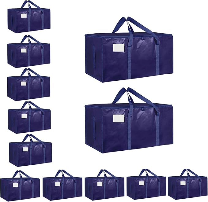 12 Pack-Extra Large Heavy Duty Moving Bags - Waterproof Storage Totes with Handles & Zippers, Foldable for College Dorm, Storage (Dark Blue)