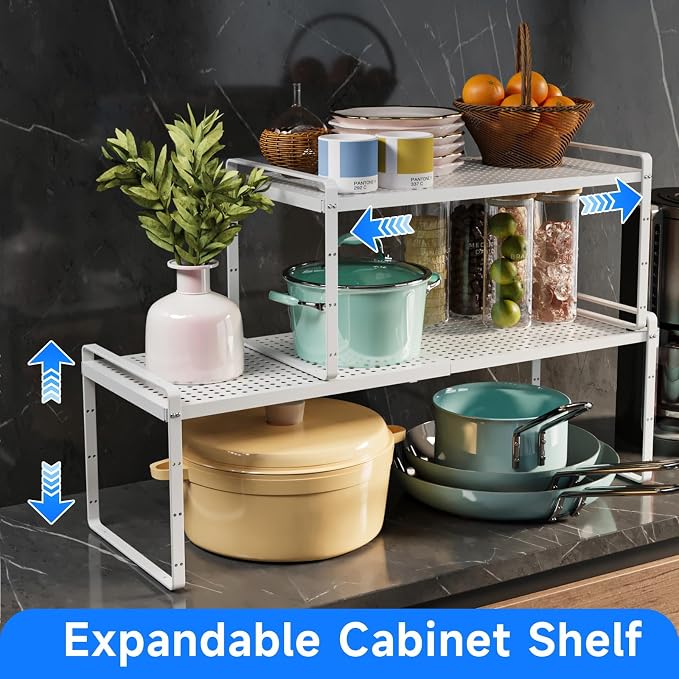 Expandable Cabinet Shelf Organizers, Kitchen Small Stand Rack Organization for Countertop Cupborad Pantry Desktop Spice Rack, White 2 Pack