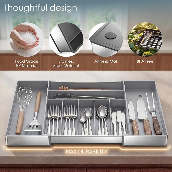 Silverware Drawer Organizer, 9 Slots Expandable Kitchen Drawer Organizer | Extra Large Utensil Holder & Cutlery Tray, Heavy Duty Stainless Steel Frame Flatware Organizer, Non-Slip Feet Included, Gray
