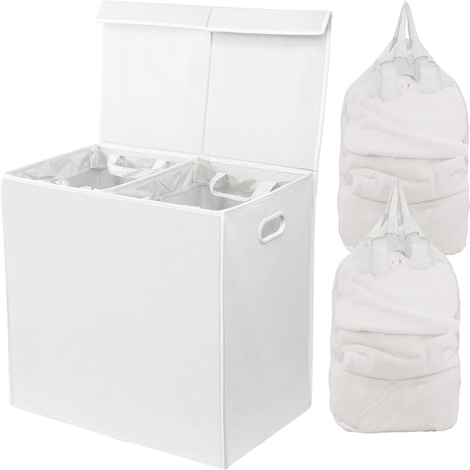 Simple Houseware Double Laundry Hamper with Lid & Removable Bags, White