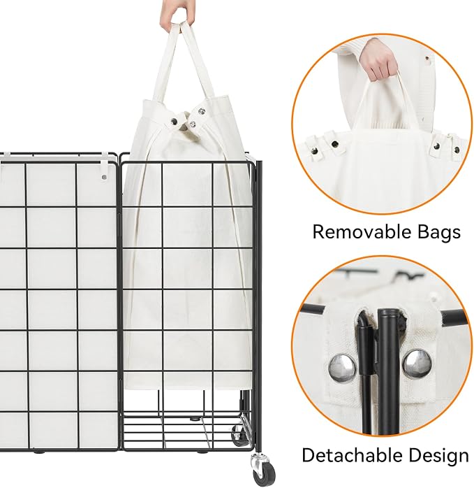 WOWLIVE Double Laundry Hamper with Wheels, Metal Rolling Laundry Basket | Wire Frame Hamper with 2 Removable Bags, 120L Dirty Clothes Hamper Organizer Dorm Room Storage for Bedroom, Black and White