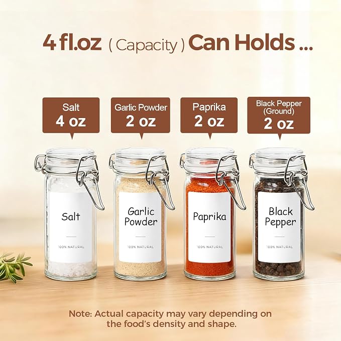 ComSaf Small Glass Spice Jars with Airtight Lids 4 oz 6 Pack with Labels | Seasoning herbs powders, Salt pepper chili, Spice rack cabinet organization, Small size, Funnel included, Party favors
