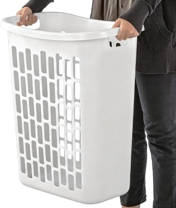 Large Plastic Laundry Hamper, White, Slim Rectangular, Ventilated, 63 Liter, Reinforced Handles, Clothes Basket for Bathroom, Dorm, and Closet