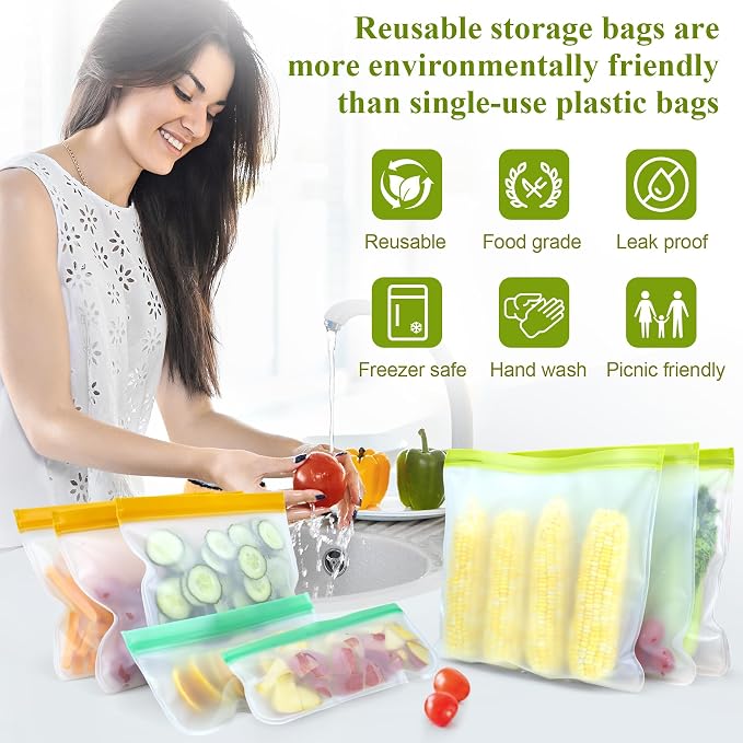 8 Pack Silicone Bags Reusable Storage Silicone Bags-3 Reusable Gallon Freezer 3 Sandwich 2 Snack Bags, Leakproof Food Storage Containers for Home Work