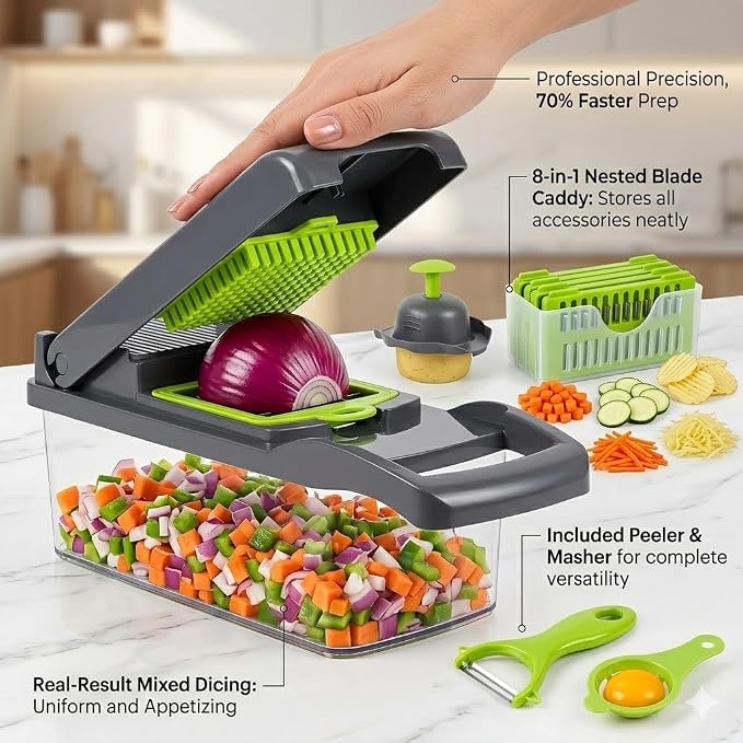 14-in-1 Vegetable Chopper with Container – Veggie Chopper Vegetable Cutter, Onion Dicer, Food Chopper with 8 Blades, Potato Slicer for Salad, Carrot – BPA Free Kitchen Gadget, Dishwasher Safe