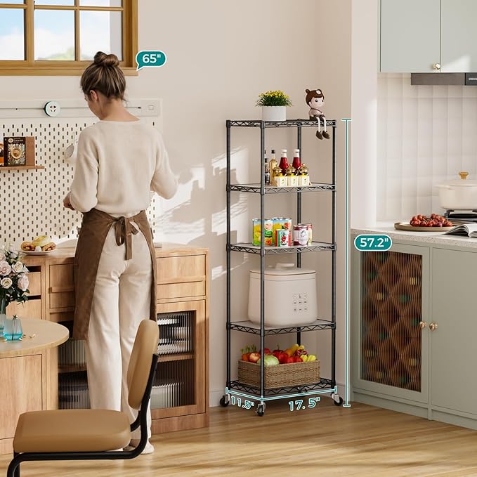 SINGAYE 5 Shelves Storage Shelf Wire Shelving Unit Metal Adjustable Wheels | Small Shelf Storage with Wheels Organizers Closet Unit for Bathroom Laundry Room Kitchen Pantry11.5D x 17.5W x 57H Black