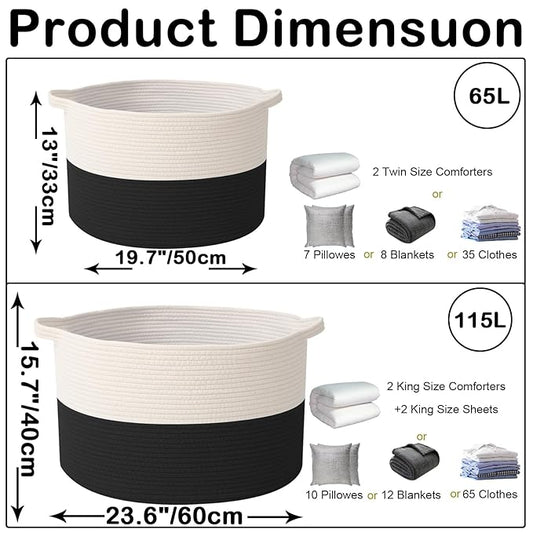 65L Large Blanket Basket,Cotton Rope Woven Storage Basket with Handles, Laundry Hamper for Toys, Clothes, Pillows & Towels, Perfect for Living Room, Nursery & Bedroom,White&Black