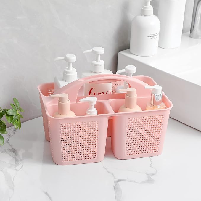 Plastic Portable Shower Caddy Basket with Handle, 3 Compartments, Pink | Storage Organizer with Drain Holes, Sturdy and Durable For Bathroom, Kitchen, College Dorm, Sink, Camping