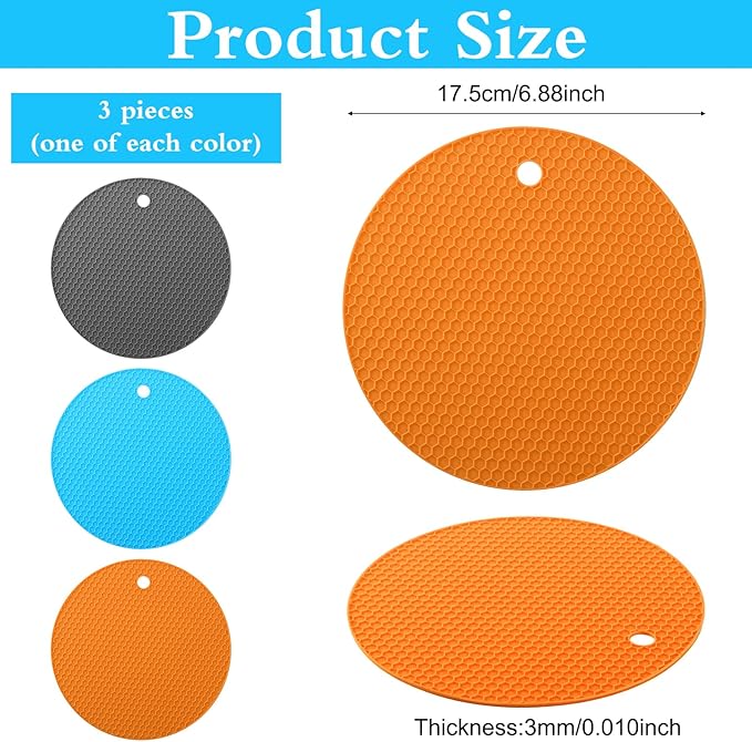 3pcs Rubber Grippers for Opening Jars - 7 Inch Rubber Jar Opener Grippers Non-Slip Round Bottle Lid Opener - Heat Resistant Coasters Mats for Weak Hands Seniors Children, Orange Blue Gray