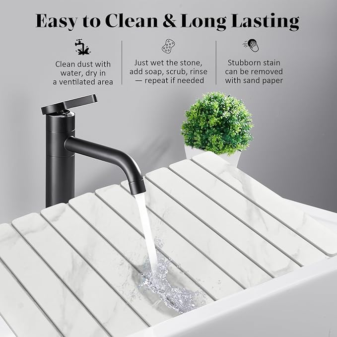 Large Stone Dish Drying Mat for Kitchen Counter, Foldable Quick Drying Dish Mats, Ultra Absorbent Diatomaceous Earth Mats for Dishes Bottles Cups, Match Any Countertop (White Marble 24"×16" & 8"x4")