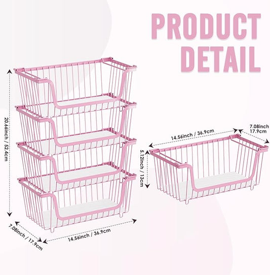 GAOKASE 4 Pcs Stackable Wire Baskets for Pantry Organizers and Storage,Vegetable Fruit Basket for Countertop,Kitchen Storage Metal Baskets,Produce Potato Onion Storage Bin,pink