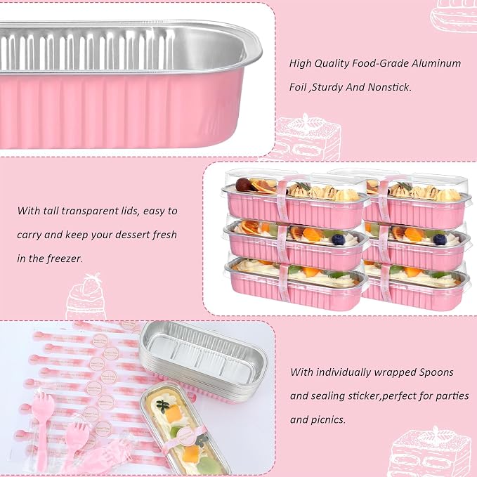 EgticHome Mini Loaf Pans with Lids and Spoons (100 Pack, Pink, 6.8oz) Rectangular Aluminum Foil Baking Pans